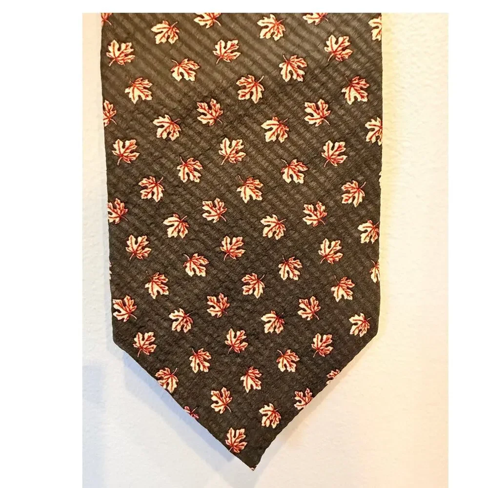 Kenneth Cole New York Silk Tie Mens Olive Brown Orange Maple Leaf Fall Autumn